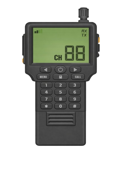 Ein herk&ouml;mmliches Funkger&auml;t mit gro&szlig;em Display, mit einer Tastatur und bis zu 5 Funktionstasten, Sprechtaste und Notruftaste