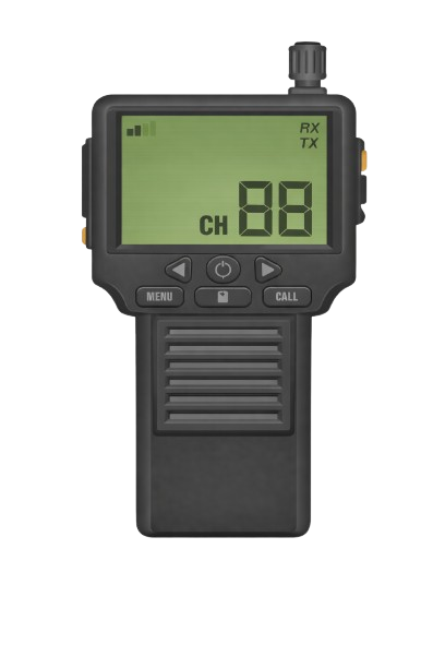 Ein herk&ouml;mmliches Funkger&auml;t mit gro&szlig;em Display, ohne Tastatur und bis zu 5 Funktionstasten, Sprechtaste und Notruftaste